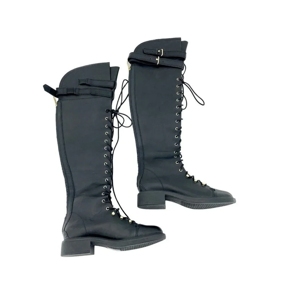 Joie Gryffin Over the Knee Boots Lace Up Buckle Black Leather  EU 36 New